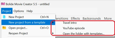Project templates in Bolide Movie Creator