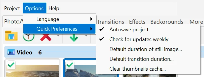 Quick Preferences in Bolide Movie Creator