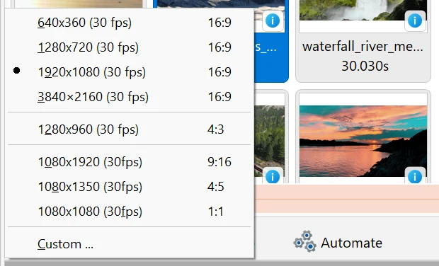 Choose a ready-made resolution in Bolide Movie Creator