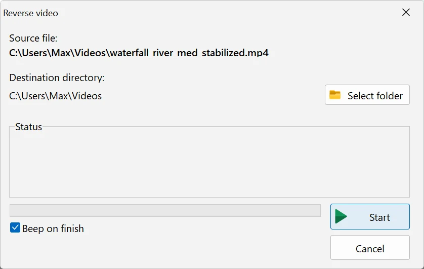 The Reverse video window in Bolide Movie Creator