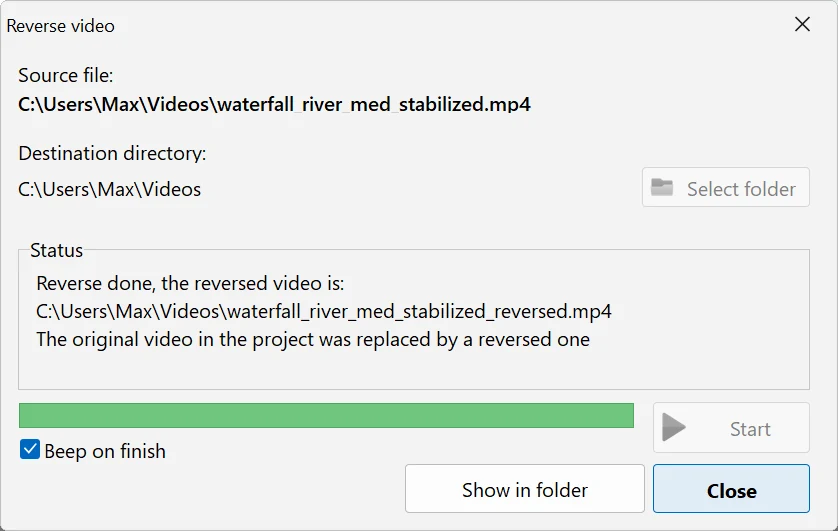 The Reverse video window in Bolide Movie Creator