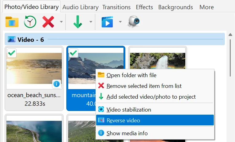 Reverse a whole file from the library in Bolide Movie Creator
