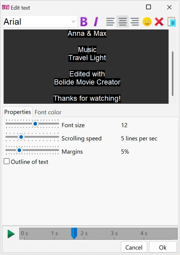 The Edit text window in Bolide Movie Creator