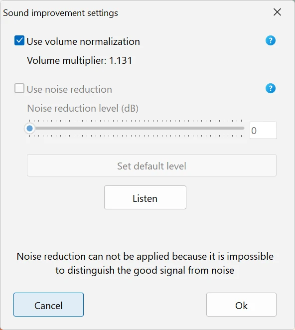 Noise reduction and volume normalization in Bolide Movie Creator
