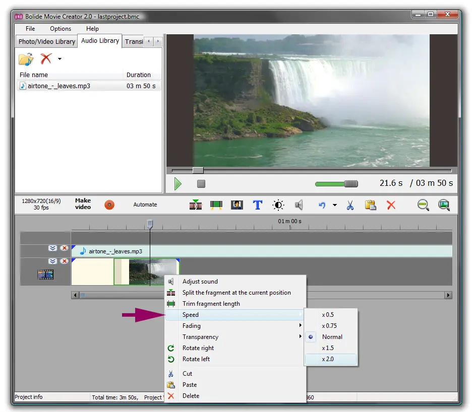 changing audio speed in Bolide Movie Creator