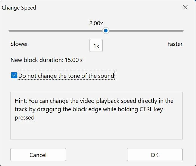 Set an exact speed in the Change Speed window in Bolide Movie Creator