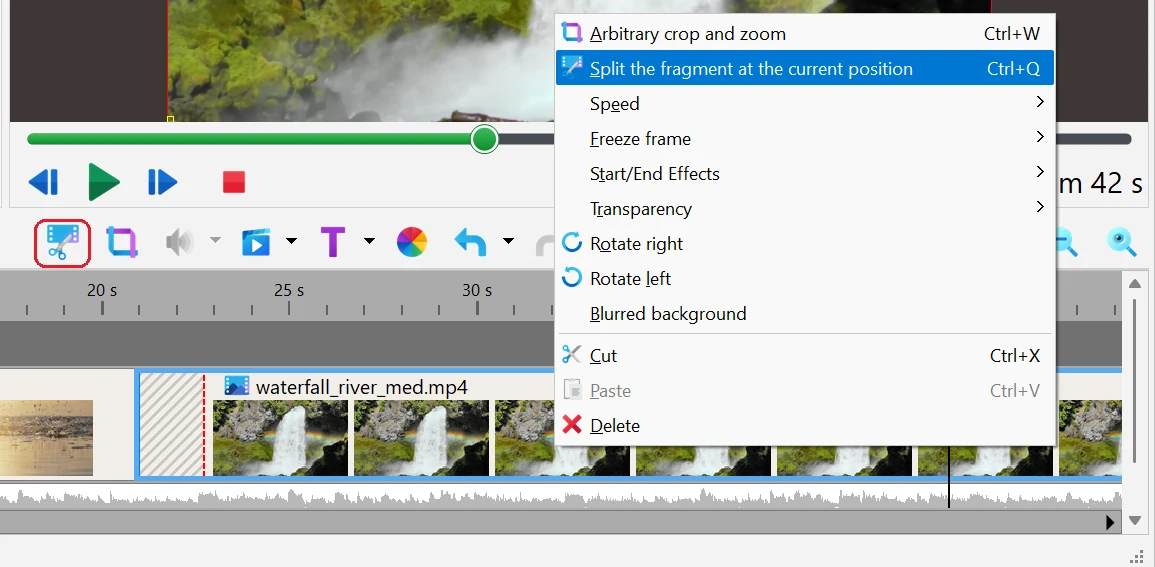 splitting video clip with Bolide Movie Creator