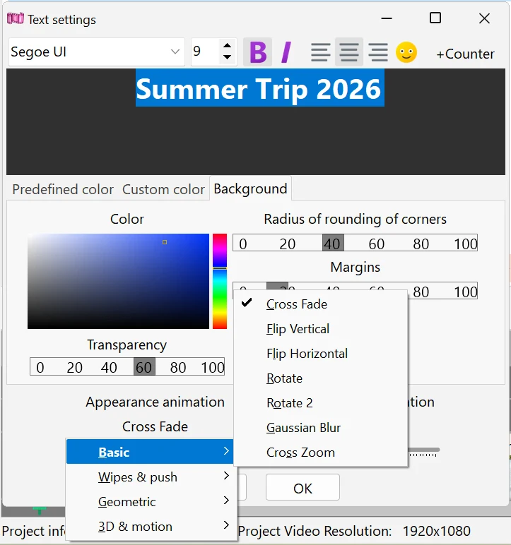 Appearance and disappearance animation in Bolide Movie Creator