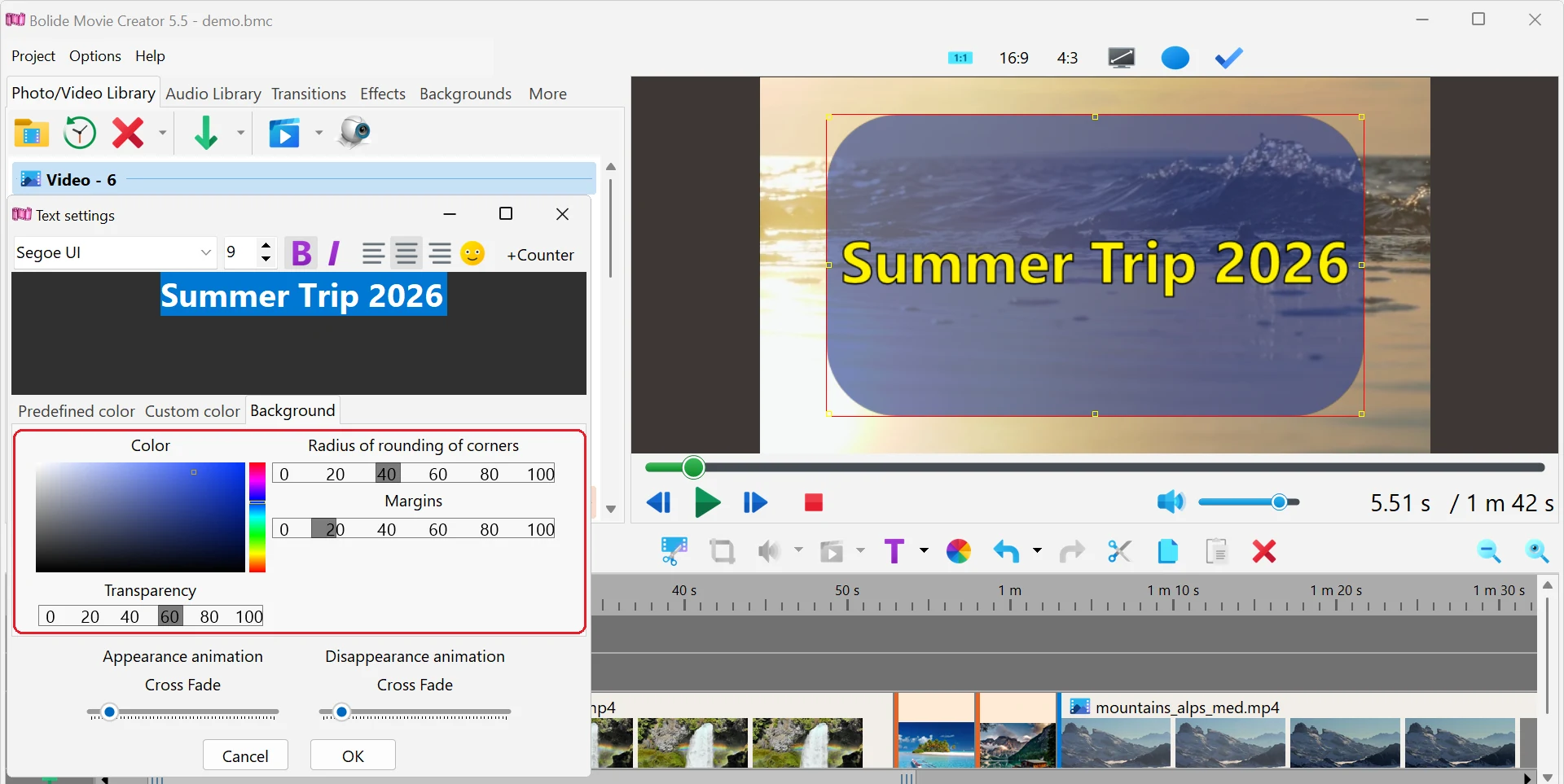 Background in Bolide Movie Creator