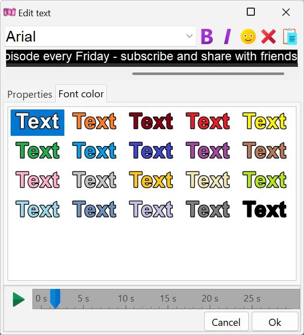 Properties and Font color tabs in Bolide Movie Creator