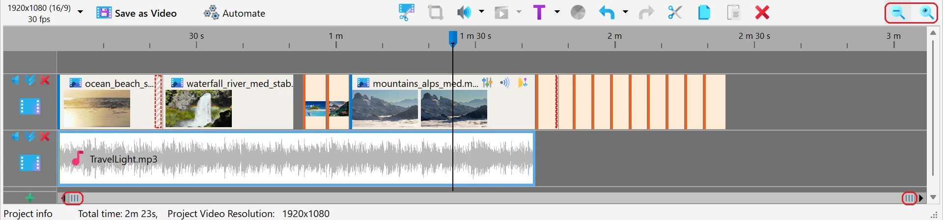 Zoom and scroll the timeline in Bolide Movie Creator