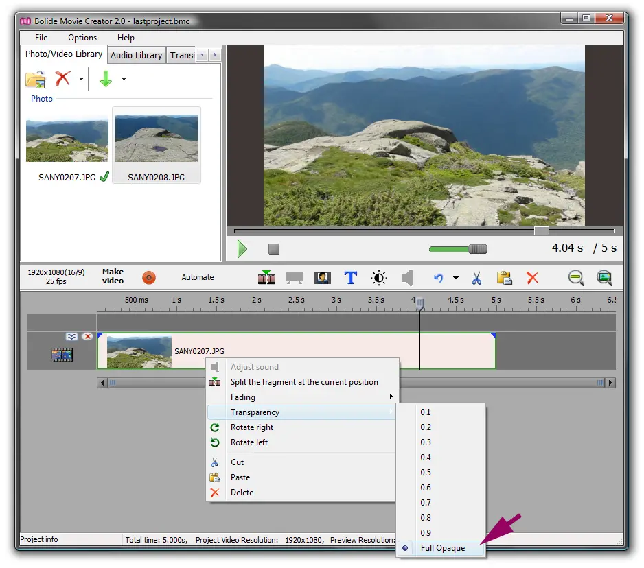 changing clip transparency in Bolide Movie Creator