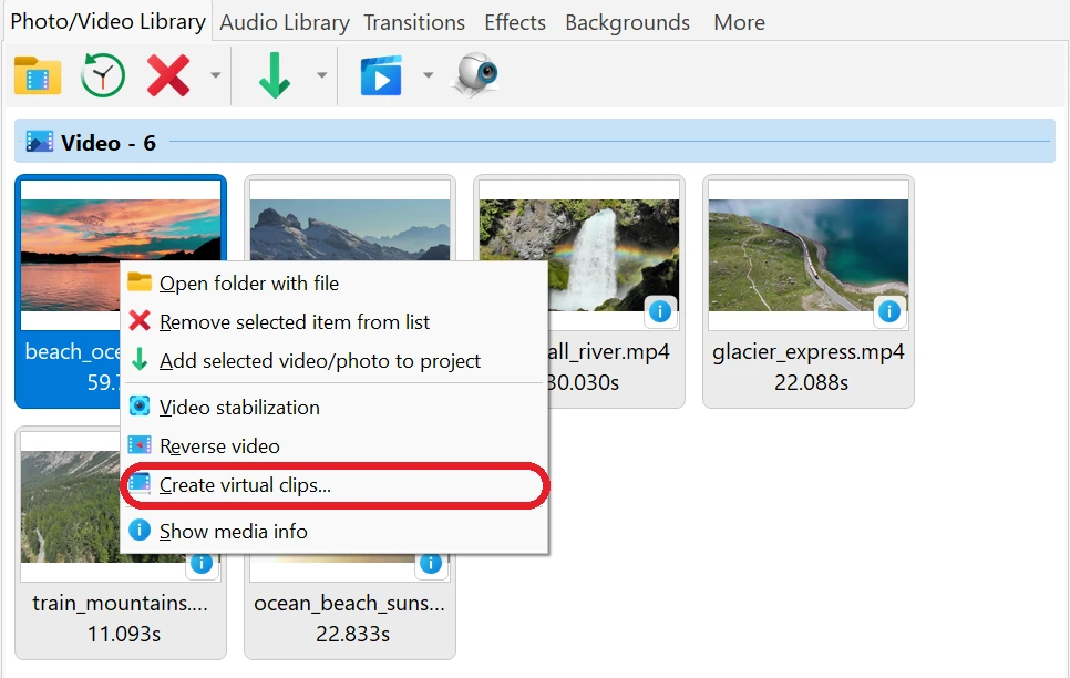 Open the Virtual clips window in Bolide Movie Creator
