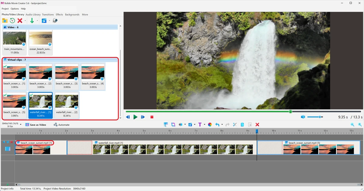 Virtual clips in the library and on the timeline in Bolide Movie Creator