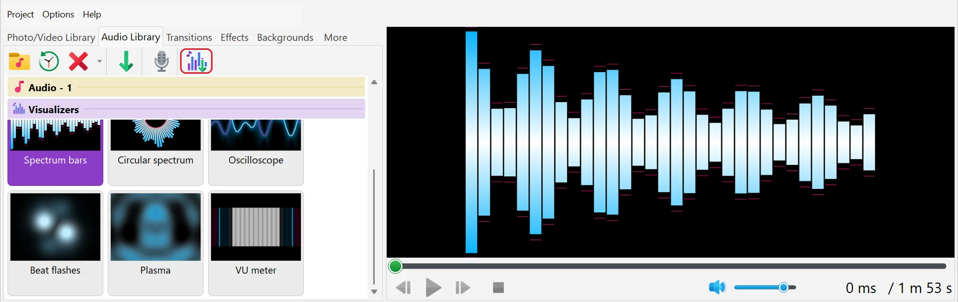 Where to find the visualizers in Bolide Movie Creator