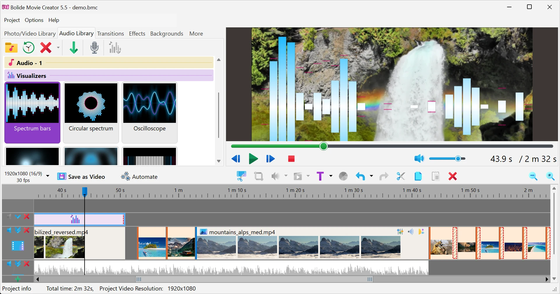 Add a visualizer to the project in Bolide Movie Creator