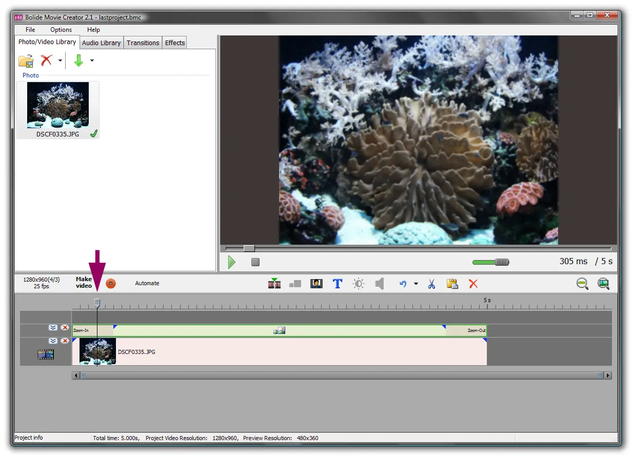 zooming video demo in Bolide Movie Creator