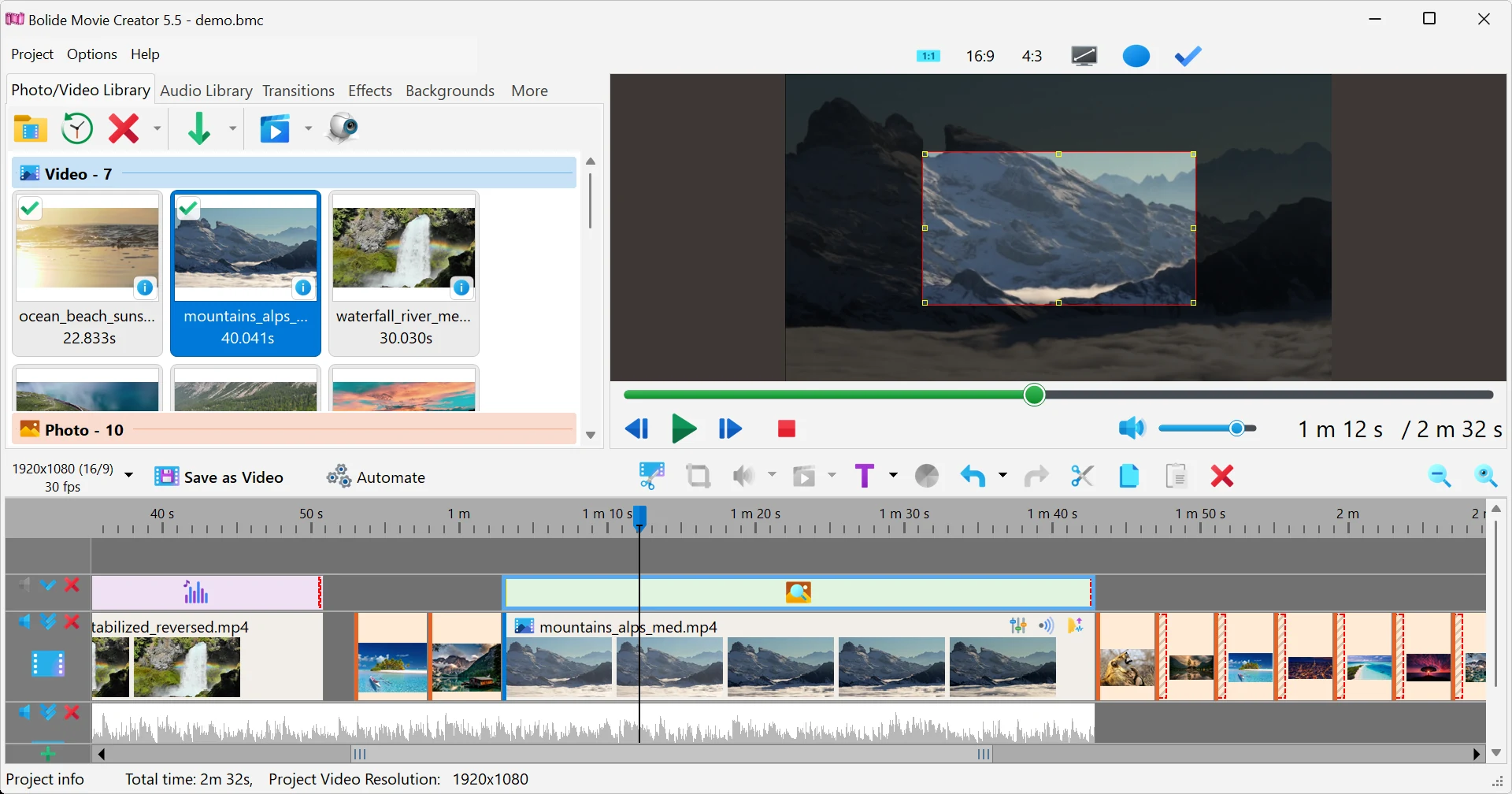 Applying the zoom effect in Bolide Movie Creator in Bolide Movie Creator